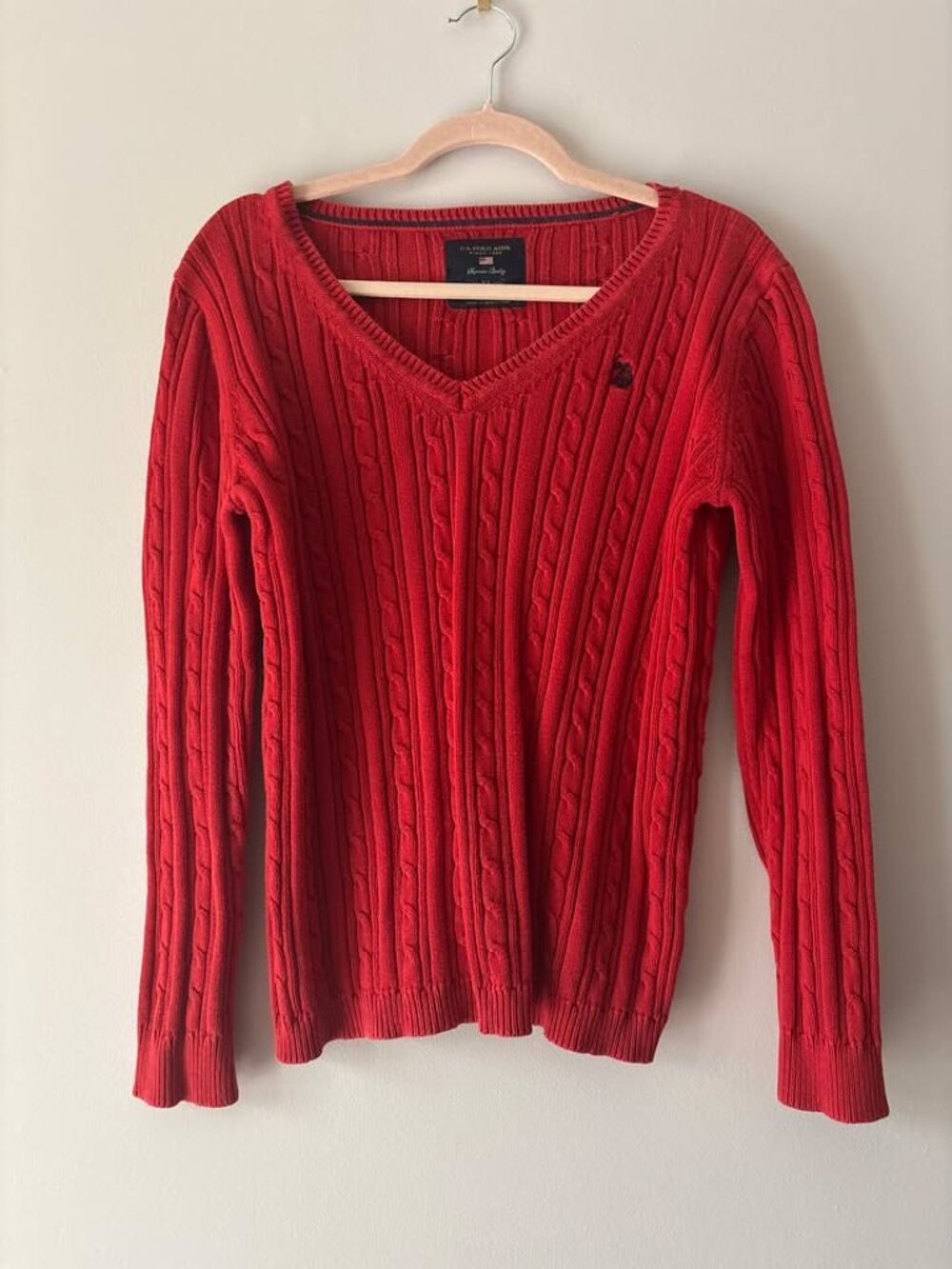 Ralph Lauren POLO Women's V-Neck Red Cable Knit Sweater